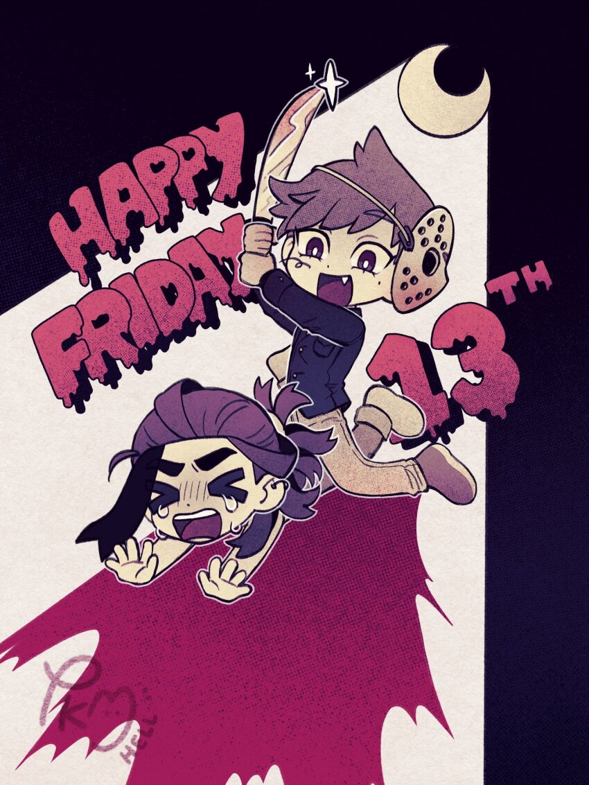 &gt;_&lt; 2boys :d alternate_costume black_hair chibi closed_eyes commentary crescent_moon crying fang florian_(pokemon) glint highres holding_machete kieran_(pokemon) long_sleeves male_focus mask mask_on_head moon multicolored_hair multiple_boys nintendo open_mouth pants pokemon pokemon_swsh purple_hair shirt shoes smile submashell tears teeth tongue two-tone_hair