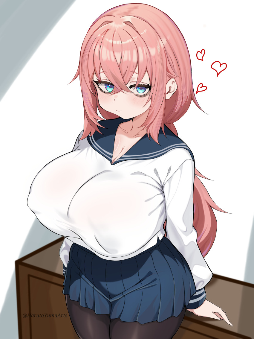 1girl absurdres arm_support artist_name black_pantyhose blue_eyes blue_sailor_collar blue_skirt breasts cleavage commentary_request covered_erect_nipples cow harutoyumaarts heart highres huge_breasts long_hair long_sleeves looking_at_viewer michinoku_komaro no_dickey pantyhose pink_hair pleated_skirt sailor_collar school_uniform seitokai_ni_mo_ana_wa_aru! serafuku shirt skirt solo twitter_username white_shirt