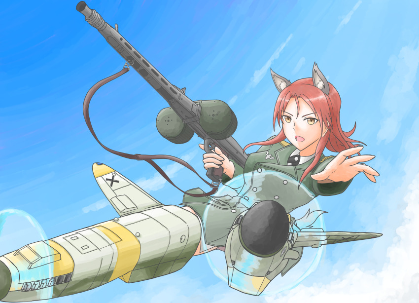 1girl absurdres animal_ears blue_sky brown_eyes brown_hair cloud dog_ears double-drum_magazine double_brid drum_magazine dutch_angle gluteal_fold gun gun_sling high-capacity_magazine highres machine_gun magazine_(weapon) mg_34 military military_uniform minna-dietlinde_wilcke no_pants open_mouth outstretched_arm saddle-drum sky solo strike_witches striker_unit tsukimizake weapon world_witches_series