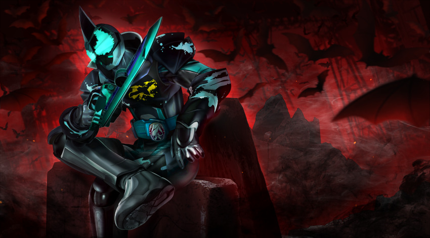 armor aura bat_(animal) bat_genome black_armor boots crossed_legs dark_foreground evilblade flying forest gloves highres horns kamen_rider kamen_rider_evil kamen_rider_revice male_focus masukudo_(hamamoto_hikaru) moon nature night night_sky on_rock red_moon red_theme rider_belt silver_footwear silver_gloves single_horn sitting sky splatter splatter_print sword tokusatsu two_sidriver villain_pose weapon