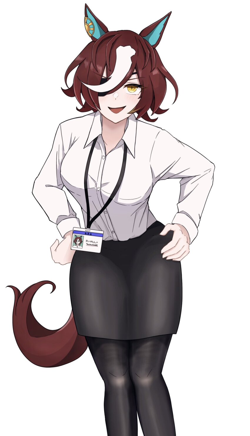 1girl alternate_costume animal_ears black_pantyhose black_skirt breasts brown_hair collared_shirt commentary_request eyepatch feet_out_of_frame hair_between_eyes hands_on_own_hips highres horse_ears horse_girl horse_tail lanyard large_breasts long_sleeves looking_at_viewer miya_nns35 multicolored_hair office_lady pantyhose shirt short_hair simple_background skirt smile solo streaked_hair tail tanino_gimlet_(umamusume) umamusume white_background white_hair white_shirt