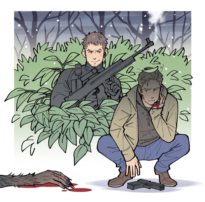 2boys :t ak-47 arm_up assault_rifle bandaged_hand bandages bare_tree black_gloves black_hoodie black_shirt blonde_hair blood bloody_bandages blue_pants border brown_footwear brown_fur brown_hair bush chris_redfield claws closed_mouth commentary denim drawstring elbow_on_thigh english_commentary ethan_winters facial_hair gloves gun hair_slicked_back hand_on_own_chin handgun head_rest highres holding holding_gun holding_weapon hood hood_down hoodie jeans kalamari kalashnikov_rifle kneeling layered_clothes leaf leaf_on_head looking_at_another male_focus multiple_boys open_clothes open_hoodie out_of_frame pants resident_evil resident_evil_village rifle shaded_face shirt smile snow tree turtleneck weapon white_border yellow_hoodie