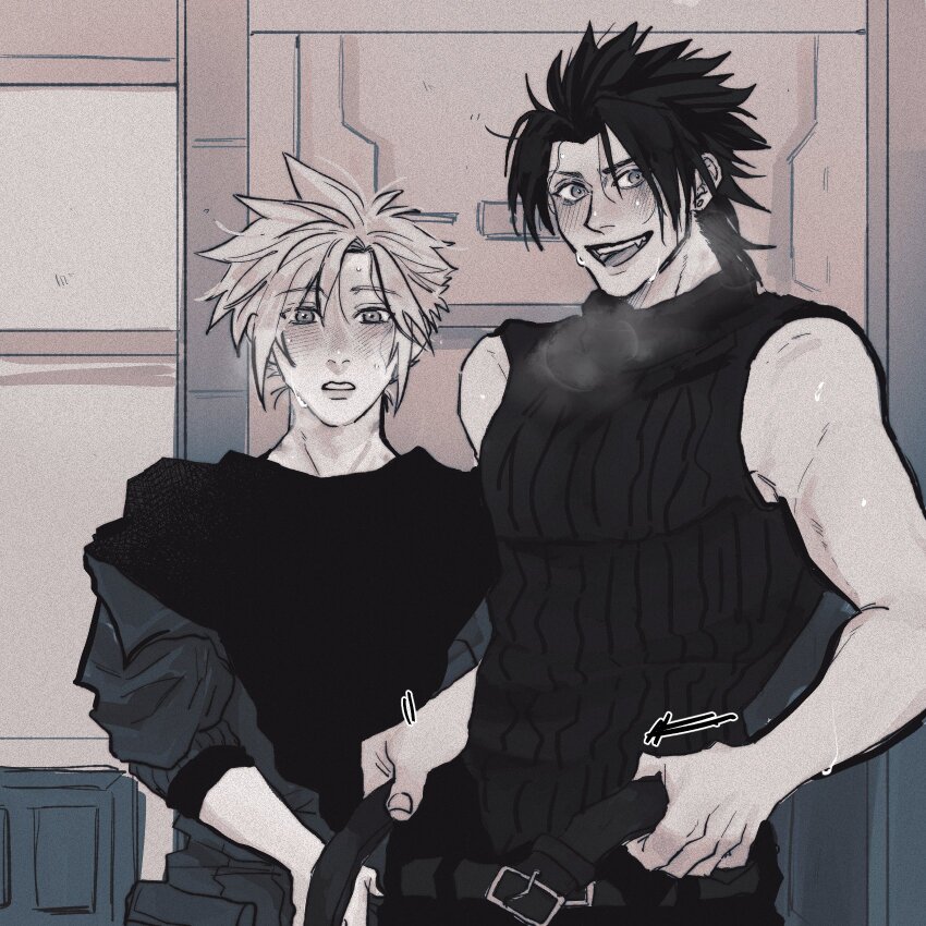 2boys bare_shoulders belt black_hair black_pants black_shirt blonde_hair blush cloud_strife crisis_core_final_fantasy_vii dazed final_fantasy final_fantasy_vii furrowed_brow greyscale hair_between_eyes heavy_breathing highres ht8207 jacket jacket_partially_removed male_focus monochrome multiple_boys nervous_smile open_belt open_mouth pants parted_bangs parted_lips shirt short_hair sleeveless sleeveless_turtleneck smile sweat turtleneck upper_body yaoi zack_fair