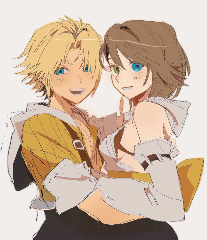 1boy 1girl arms_around_waist blonde_hair blue_eyes breasts brown_hair cropped_jacket detached_sleeves final_fantasy final_fantasy_x green_eyes happy hat_babo heterochromia highres hood hug korean_commentary short_hair sideboob smile tidus yuna_(ff10)