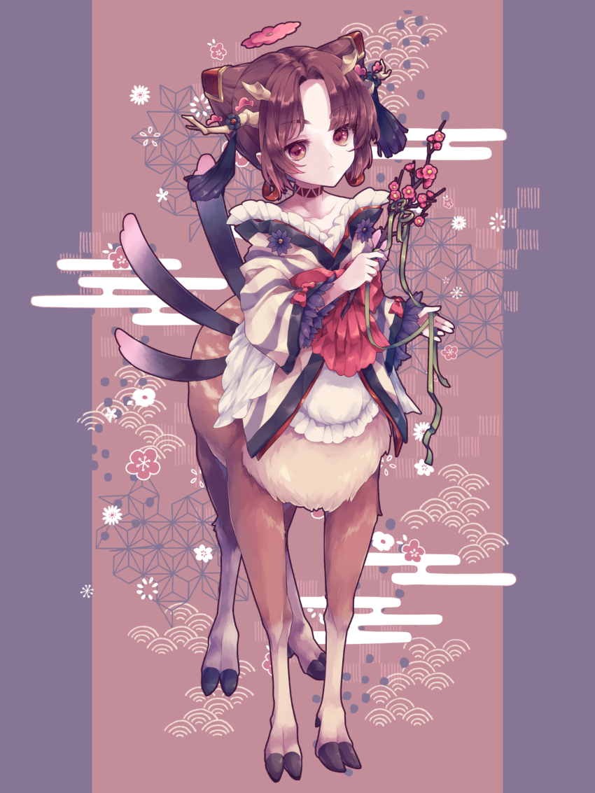 1girl apron brown_eyes brown_hair centauroid clantail closed_mouth collarbone commentary deer_girl frilled_apron frills full_body highres holding hooves horns japanese_clothes kimono long_sleeves looking_at_viewer magical_girl mahou_shoujo_ikusei_keikaku monster_girl multiple_legs obi off_shoulder parted_bangs sash short_hair sidelocks solo standing taur white_apron yomo_gigyoza