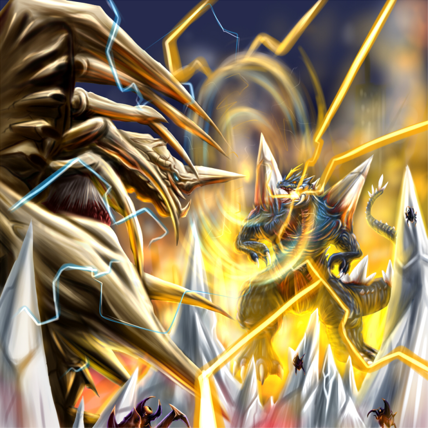 alien blue_eyes bug building claws crest crossover crystal crystal_fortress daiei_film dinosaur electricity energy energy_barrier fukuoka_tower gamera_(series) gamera_2:_attack_of_legion giant giant_monster godzilla_vs._spacegodzilla horns inosuke_(monstruo) kaiju legion_(gamera) monster orange_eyes real_world_location sharp_teeth shoulder_spikes skyscraper soldier_legion space_monster spacegodzilla spikes tail teeth toho tower tusks yellow_eyes