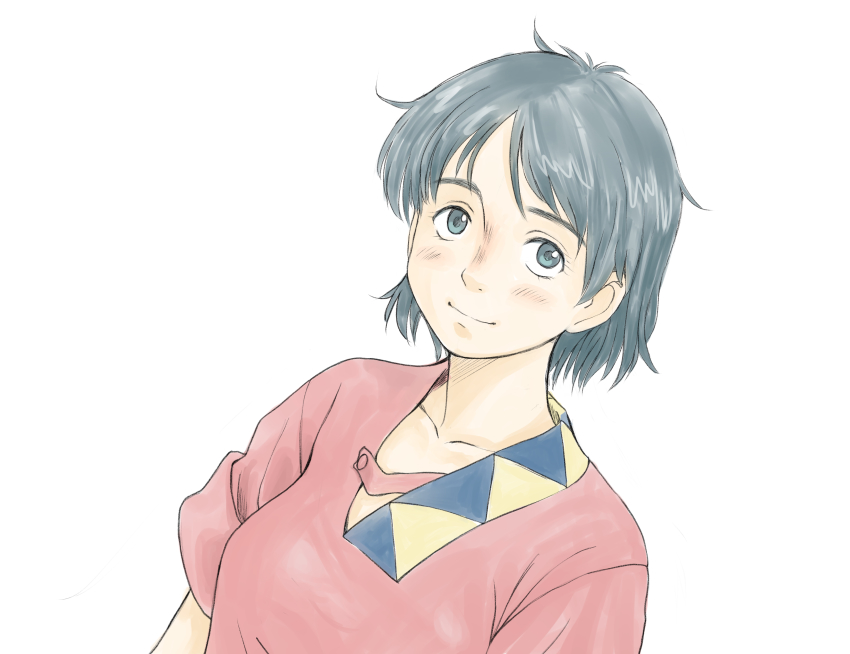1girl absurdres ahoge black_hair blue_eyes blush buttons crayon_(medium) dress graphite_(medium) highres honneamise_no_tsubasa imo_cyber looking_at_viewer riquinni_nonderaiko science_fiction simple_background sketch smirk solo traditional_media upper_body