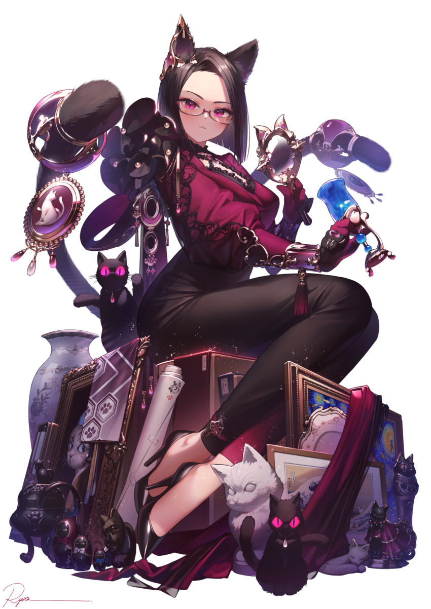 1girl :3 animal_ears artist_name asymmetrical_hair asymmetrical_legwear black_cat black_footwear black_hair blush bob_cut cat cat_ears cat_girl cat_tail closed_mouth commentary crossed_ankles dot_nose drawing_(object) ear_ornament fine_art_parody full_body girl_with_a_pearl_earring glasses high-waist_pants high_heels highres holding inverted_bob kanagawa_okinami_ura looking_at_viewer matryoshka_doll mismatched_legwear mole mole_under_eye multiple_tails nekomata no_socks original painting_(object) pants parody picture_frame pink_eyes puffy_sleeves ryota_(ry_o_ta) semi-rimless_eyewear short_hair signature simple_background sitting slit_pupils solo starry_night_(van_gogh) symbol-only_commentary tail tail_ornament tassel two-tone_gloves two_tails vase white_background
