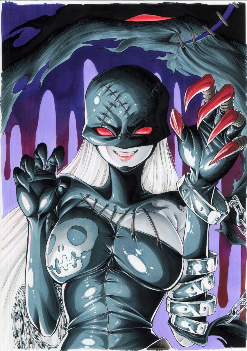 1girl black_bodysuit bodysuit breasts claw_pose colored_skin digimon digimon_(creature) fingernails grey_hair grey_skin highres ladydevimon large_breasts long_fingernails long_hair miura_satoru pink_lips purple_background red_eyes solo upper_body very_long_fingernails