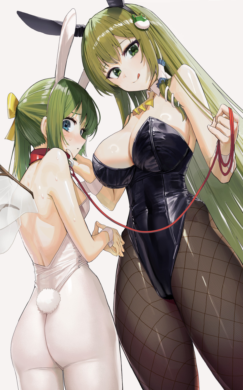 2girls :q absurdres animal_ears ascot black_leotard bow breasts cleavage commission cowboy_shot daiyousei detached_collar fairy_wings fake_animal_ears fake_tail fishnet_pantyhose fishnets frog_hair_ornament goback green_hair hair_ornament hair_tubes highleg highleg_leotard highres kochiya_sanae large_breasts leotard multiple_girls pantyhose playboy_bunny rabbit_ears rabbit_tail side_ponytail single_hair_tube snake_hair_ornament strapless strapless_leotard tail tongue tongue_out touhou wings wrist_cuffs yellow_ascot yellow_bow