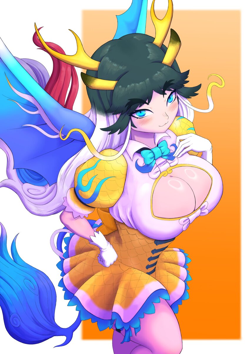 1girl absurdres animal_ears black_hair blue_eyes blue_garter_belt bow bowtie breasts ciapolilla cleavage cleavage_cutout clothing_cutout dragon_ears dress ear_tufts extra_ears giraffe_ears giraffe_girl giraffe_horns giraffe_tail gloves highres horns kemono_friends kemono_friends_3 kirin_(kemono_friends) large_breasts long_hair looking_at_viewer multicolored_hair red_hair scale_print smile solo tail white_hair wings yellow_horns yellow_trim