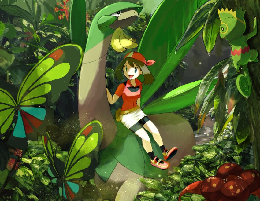 1girl :d bandana beautifly bike_shorts bishamon_(usagi_ba) black_socks blue_eyes brown_hair castform dew_drop fanny_pack forest gen_3_pokemon gloom_(pokemon) highres kecleon leaf may_(pokemon) nature nintendo open_mouth pokemon pokemon_(creature) pokemon_rse riding smile socks tropius water_drop yellow_bag