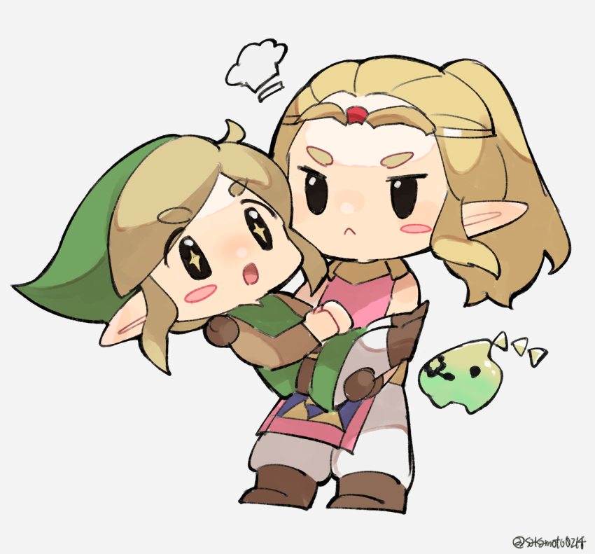 1boy 1girl :c artist_name bare_shoulders belt black_eyes blonde_hair blush_stickers boots brown_belt brown_boots brown_gloves brown_sleeves chibi chibi_only circlet closed_mouth commentary_request full_body gloves green_hat green_tunic hat highres link long_hair long_sleeves nintendo official_alternate_costume open_mouth pants pelvic_curtain pink_shirt ponytail princess_zelda reverse_princess_carry royal_travel_attire_(zelda) sakamoto_mitsuki shirt short_hair simple_background sleeveless sleeveless_shirt solid_oval_eyes sparkling_eyes the_legend_of_zelda the_legend_of_zelda:_echoes_of_wisdom tri_(zelda) tunic twitter_username white_background white_pants