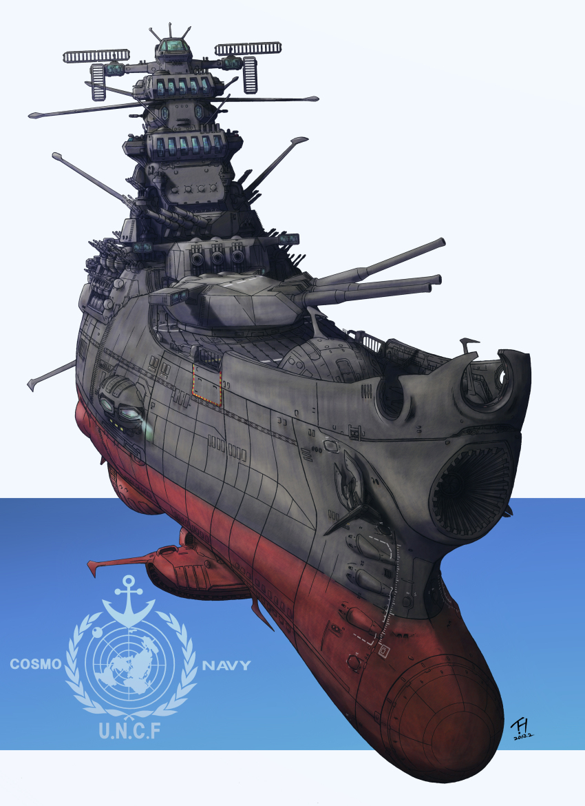 absurdres battleship blue_background cannon commentary_request dated highres kujira_gunsou military_vehicle no_humans science_fiction ship ship_turret spacecraft two-tone_background uchuu_senkan_yamato uchuu_senkan_yamato_2199 united_nations vehicle_focus warship watercraft white_background yamato_(uchuu_senkan_yamato)