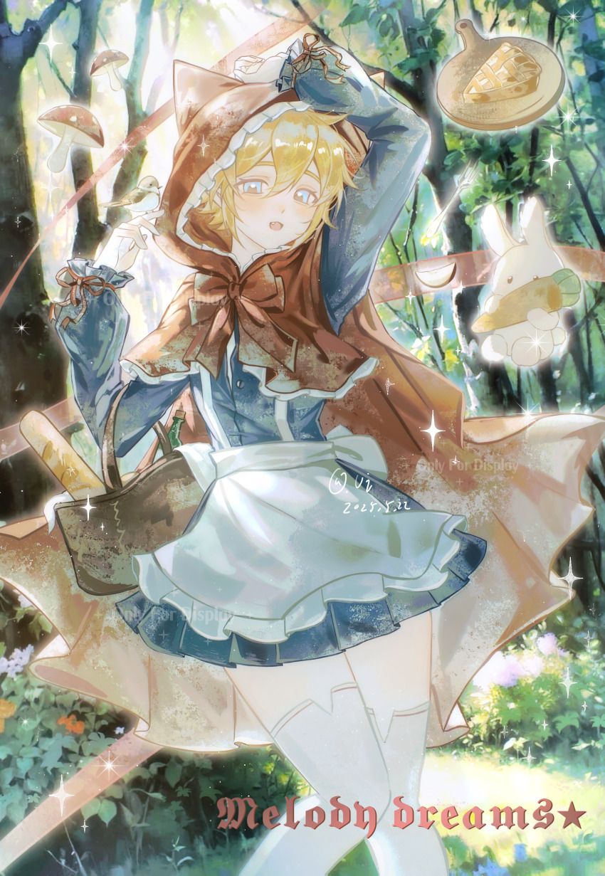 1boy absurdres alternate_costume animal animal_hood aotu_world apple apple_slice apron arm_up artist_name baguette basket bird bird_on_hand blonde_hair blue_dress blue_eyes blush bottle bow bread bush carrot cat_hood chinese_commentary cloak crossdressing dated day dress english_text fang feet_out_of_frame flower food forest fork frilled_apron frilled_cloak frills fruit grass hair_between_eyes hands_up highres holding holding_basket hood hood_up hooded_cloak king_(aotu_world) long_sleeves looking_at_viewer male_focus mushroom nature open_mouth outdoors pie plutoray pointy_ears rabbit red_bow red_cloak red_hood red_ribbon ribbon short_hair skirt smile solo sparkle standing sunlight thighhighs trap tree waist_apron watermark white_apron white_thighhighs