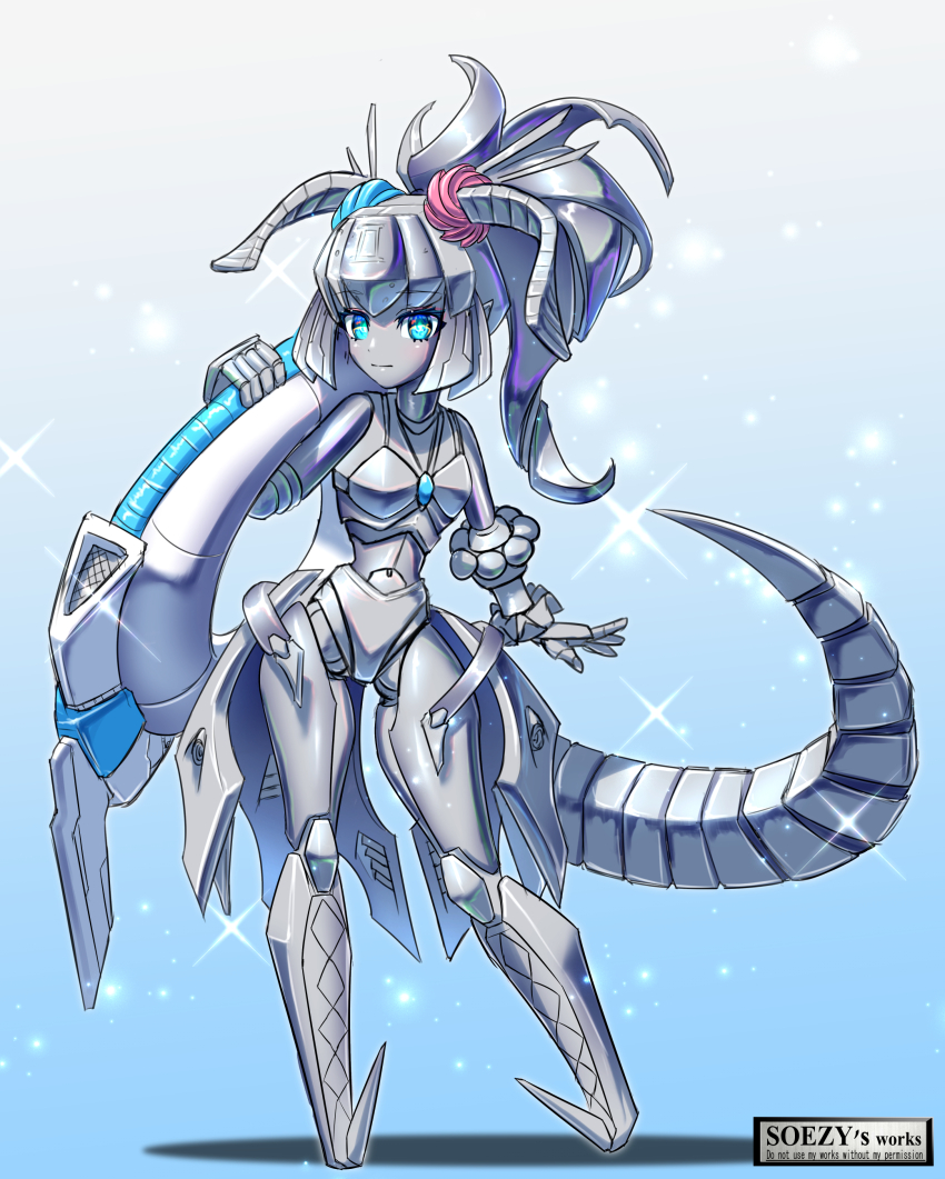 1girl absurdres blue_eyes colored_skin dragon_girl dragon_horns dragon_tail elizabeth_bathory_(fate) fate/grand_order fate_(series) grey_hair grey_skin highres horns innertube joints long_hair looking_at_viewer mecha_eli-chan_(fate) mecha_eli-chan_mk.ii_(fate) mechanical_hair mechanical_horns mechanical_tail no_feet pointy_ears ponytail robot_girl robot_joints soezy solo standing swim_ring swimsuit tail