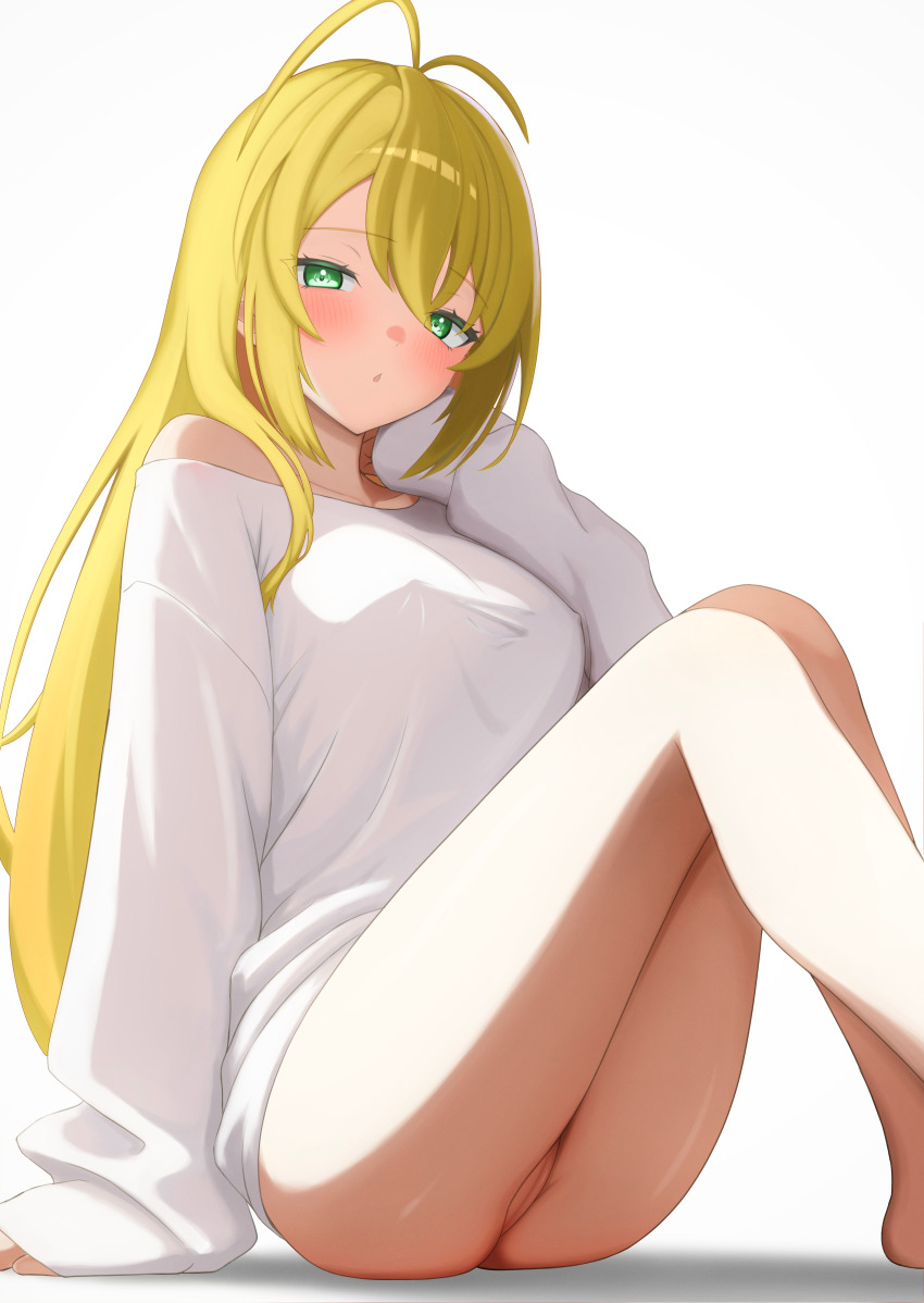 1girl :o absurdres antenna_hair ass blonde_hair blush bottomless breasts dr.doctor green_eyes highres long_hair long_sleeves looking_at_viewer medium_breasts pussy shirt single_bare_shoulder single_off_shoulder sitting sleeves_past_wrists solo tsurumaki_maki very_long_hair voiceroid white_shirt