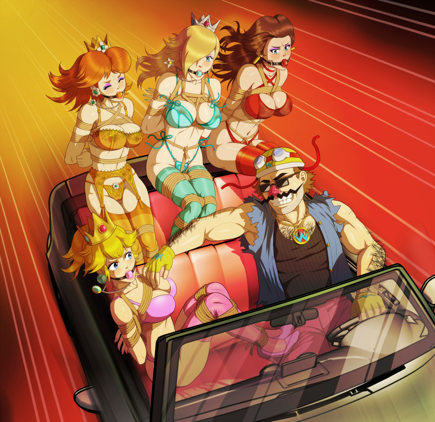 1boy 4girls angry areola_slip arm_hair arms_behind_back ball_gag bare_arms bdsm blonde_hair blue_eyes blush bondage bound bound_arms bound_legs bound_thighs bound_torso bra breast_bondage breasts brown_hair camisole car chest_hair choker cleavage closed_eyes collarbone covered_erect_nipples crotch_rope crown donkey_kong_(1981_game) donkey_kong_(series) driving earrings embarrassed evil_grin evil_smile eyeshadow facial_hair fat fat_man fingerless_gloves floating_hair flower_earrings from_above gag gagged garter_belt garter_straps gloves goggles goggles_on_headwear grin hair_over_one_eye helmet high_heels highleg highleg_panties highres jewelry kidnapped kidnapping lingerie lipstick long_hair looking_at_another makeup mario_(series) mayor medium_breasts motion_lines motor_vehicle multiple_girls mustache navel necklace nintendo panties pants pauline_(mario) princess princess_daisy princess_peach reptileye rope rosalina shibari shibari_over_clothes short_hair side-tie_bottom side-tie_panties sitting smile speed_lines stomach struggling stubble sunglasses super_mario_galaxy super_mario_land thighhighs underwear underwear_only v-shaped_eyebrows vest wario warioware