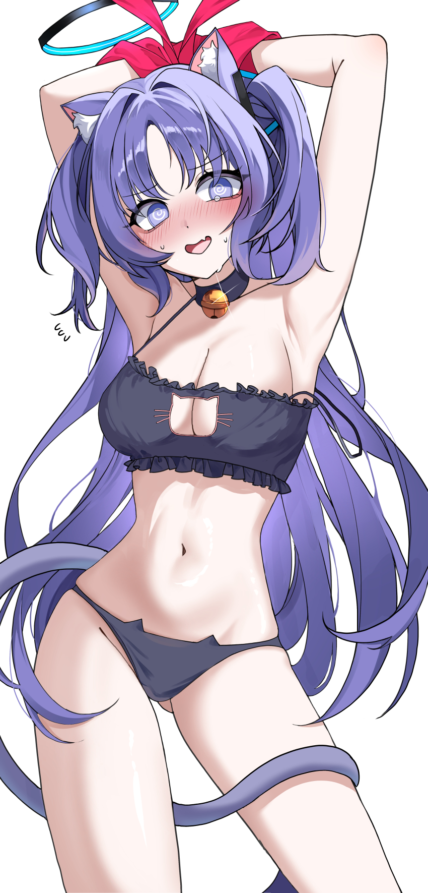 1girl absurdres animal_ear_fluff animal_ears armpits bell blue_archive blush bound bound_wrists breasts cat_cutout cat_ear_panties cat_ears cat_tail cleavage clothing_cutout commentary halo highres large_breasts long_hair looking_at_viewer mechanical_halo navel neck_bell open_mouth panties purple_eyes purple_hair simple_background solo stomach tail thighs two_side_up underwear very_long_hair white_background yaong62271451 yuuka_(blue_archive)