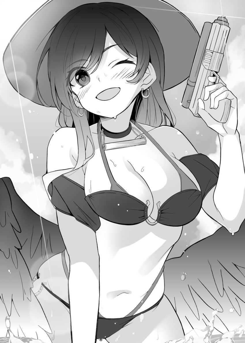 1girl alternate_costume bikini blush breasts cleavage collarbone commentary_request cowboy_hat earrings feathered_wings greyscale hat highres holding holding_water_gun horseshoe_earrings jewelry kurokoma_saki large_breasts lens_flare long_hair looking_at_viewer meimei_(meimei89008309) monochrome navel one_eye_closed open_mouth pegasus_wings smile solo sweat swimsuit touhou water_gun wings