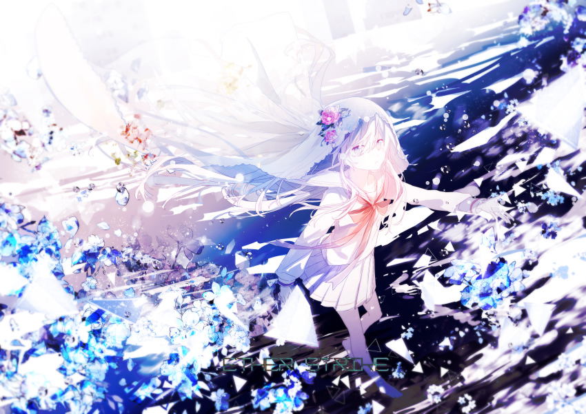 1girl absurdres arcaea barefoot blue_flower commentary english_commentary floating_hair flower full_body grey_eyes highres hikari_(arcaea) hikari_(zero)_(arcaea) long_hair long_sleeves maboroshi_(freeze000) outstretched_arm parted_lips pleated_skirt sailor_collar school_uniform serafuku shirt skirt solo veil very_long_hair walking white_hair white_sailor_collar white_serafuku white_shirt white_skirt wind