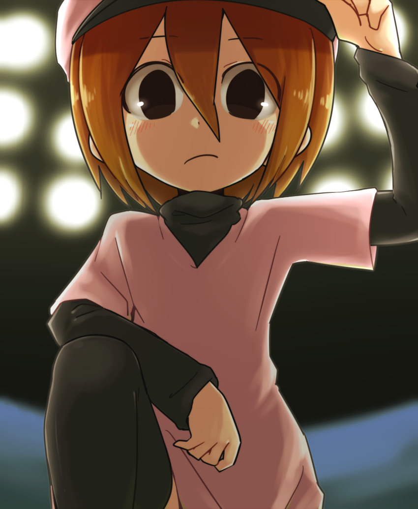 1girl adjusting_clothes adjusting_headwear arm_on_knee baseball_cap black_eyes black_shirt black_thighhighs blurry blurry_background blush brown_hair curled_fingers expressionless frown hair_between_eyes hand_to_head hat highres jiima_tarou knee_up kneeling layered_clothes long_sleeves looking_at_viewer looking_down minna_no_rhythm_tengoku pink_hat pink_shirt pitcher-chan pitcher_(rhythm_tengoku) rhythm_tengoku shaded_face shirt short_hair short_sleeves solo stadium_lights thighhighs v-neck