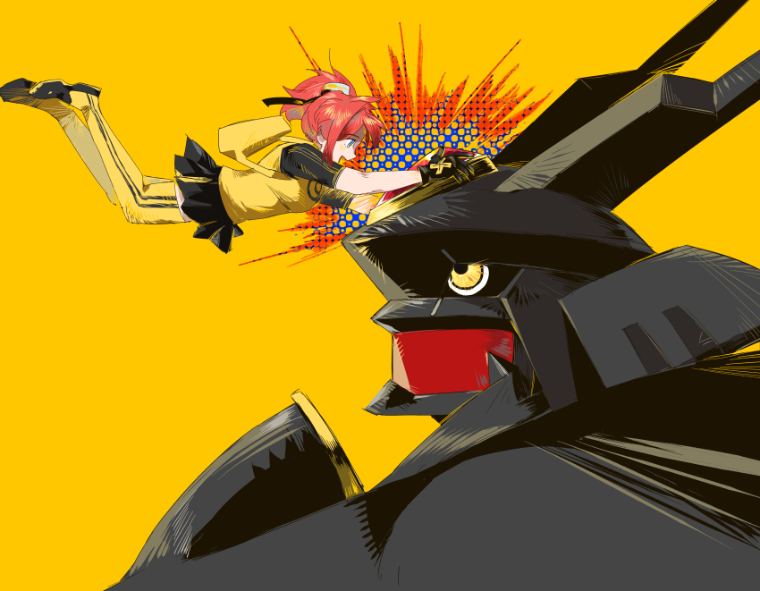 1girl absurdres aiba_ami alphamon armor black_armor black_helmet black_shirt black_skirt blue_eyes breasts creature creature_focus dawu233 digimon digimon_(creature) digimon_story:_cyber_sleuth fake_horns forehead_jewel gem gloves goggles goggles_on_head helmet highres horned_helmet horns knight kuremi_kyouko mecha print_shirt raglan_sleeves red_gemstone red_hair robot shirt shoulder_armor side_ponytail simple_background skirt smile thighhighs two-tone_shirt yellow_eyes yellow_shirt yellow_thighhighs