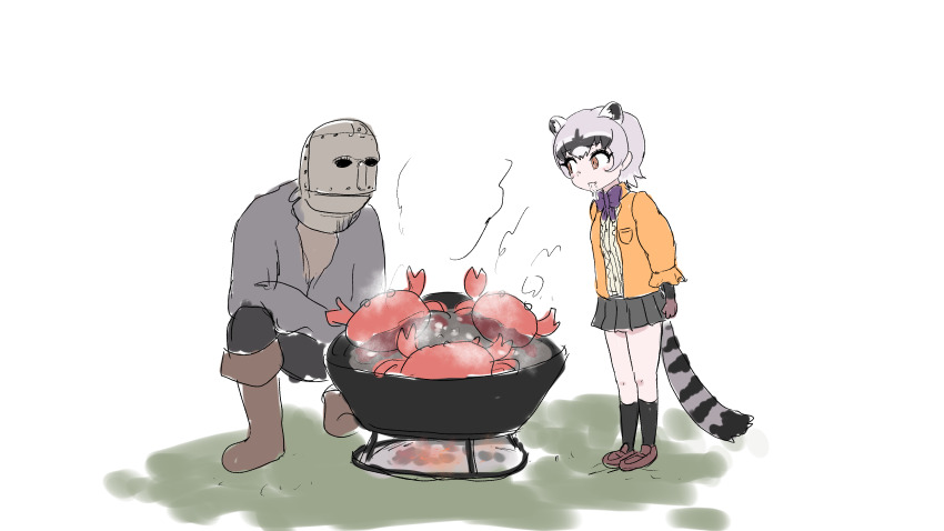 1boy 1girl absurdres animal_ears black_hair blackguard_big_boggart boiling boots bow bowtie cooking crab crab-eating_raccoon_(kemono_friends) crossover cut_(kfcut) drooling elden_ring fire full_body grey_hair helm helmet highres hungry kemono_friends looking_at_another multicolored_hair pants raccoon_ears raccoon_girl raccoon_tail shirt shoes short_hair sketch skirt smile socks squatting standing tail water white_hair