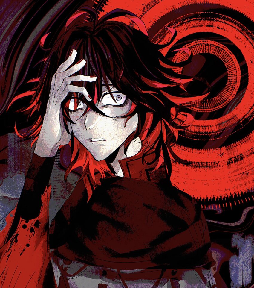 1boy black_hair cloak colored_inner_hair curly_hair dante_alighieri_(fate) dante_alighieri_(second_ascension)_(fate) fate/grand_order fate_(series) grey_eyes hand_on_own_face highres long_sleeves maeyakara000 male_focus medium_hair multicolored_hair open_mouth red_hair red_nails red_theme solo tassel torn_clothes two-tone_hair upper_body wide-eyed