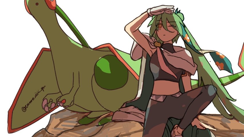 1girl ;| arm_up black_pants black_shirt cloak closed_mouth crop_top double_bun flygon gen_3_pokemon gloves green_hair ground_miku_(project_voltage) hair_between_eyes hair_bun hatsune_miku long_hair nintendo no_nose one_eye_closed orange_eyes pants pokemon pokemon_(creature) project_voltage shading_eyes shirt simple_background tororo_oishi_ym twintails twitter_username vocaloid white_background white_gloves yellow_pupils