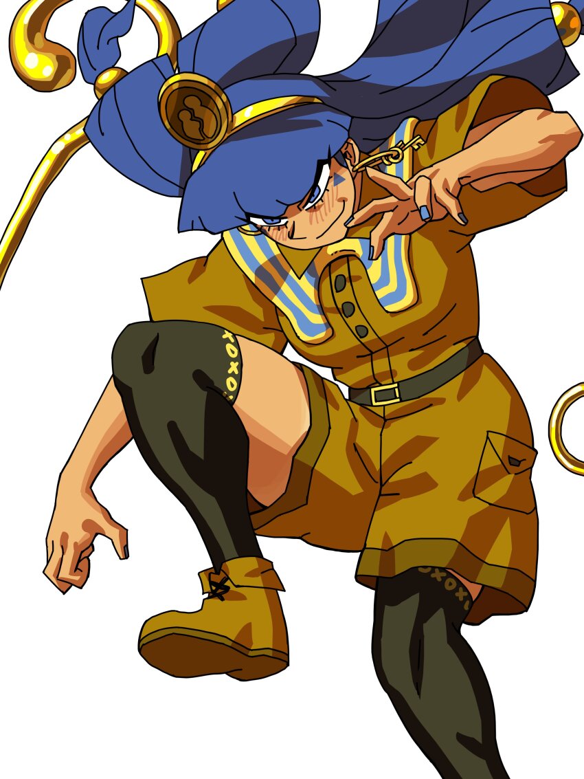 absurdres asymmetrical_legwear belt belt_buckle black_belt black_socks black_thighhighs blue_eyes blue_hair blue_nails brown_shirt brown_shoes brown_shorts buckle earrings eddybird55555 facial_mark foot_out_of_frame gold gold_hairband hair_bobbles hair_ornament hairband highres hoop_earrings jewelry jojo_no_kimyou_na_bouken jojo_pose key_earrings kneehighs long_hair michigami_nareko scepter shirt shoes short_sleeves shorts smirk socks stardust_crusaders tan tanline_peek thighhighs touhou triangle triangle_facial_mark usekh_collar very_long_hair white_background