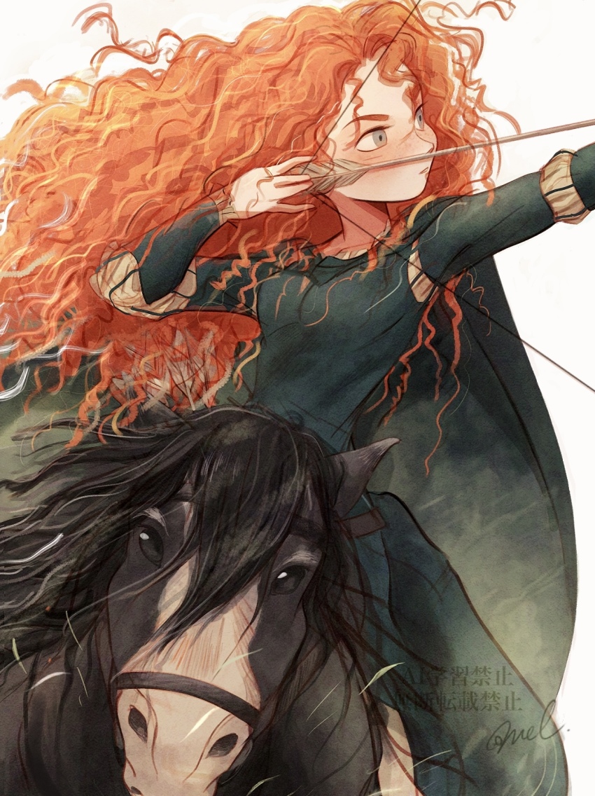 1girl aiming bow_(weapon) brave_(pixar) dress green_dress grey_eyes highres holding holding_bow_(weapon) holding_weapon horse long_hair melchencanto merida_(brave) messy_hair orange_hair signature weapon