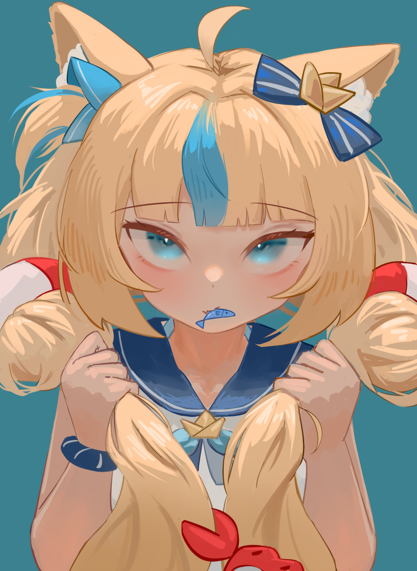1girl absurdres animal_ears blonde_hair blue_background blue_bow blue_eyes blue_sailor_collar blue_streaks bow cat_ears dress fish_in_mouth grabbing_own_hair hair_bow highres indie_virtual_youtuber lifebuoy_hair_ornament looking_at_viewer low_twintails one_side_up papaba sailor_collar sailor_dress sameko_saba solo twintails virtual_youtuber