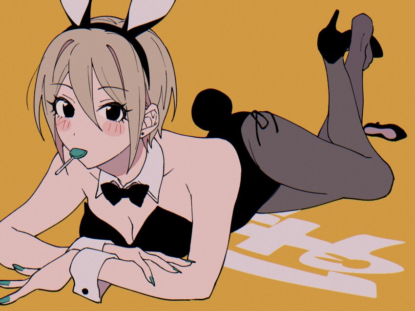 1girl animal_ear_hairband animal_ears bare_shoulders black_bow black_bowtie black_eyes black_footwear black_hairband black_leotard blue_nails bow bowtie breasts candy cleavage collar collarbone detached_collar dot_nose earrings fake_animal_ears fake_tail food food_in_mouth grey_hair grey_pantyhose hair_between_eyes hairband high_heels highres idolmaster idolmaster_cinderella_girls idolmaster_cinderella_girls_starlight_stage jewelry legs_up leotard lollipop looking_at_viewer lying medium_breasts mouth_hold nail_polish niyororinpayamaru on_stomach pantyhose playboy_bunny rabbit_ear_hairband rabbit_ears rabbit_tail shiomi_syuko short_hair smile solo strapless strapless_leotard tail unworn_footwear white_collar white_wrist_cuffs wrist_cuffs yellow_background