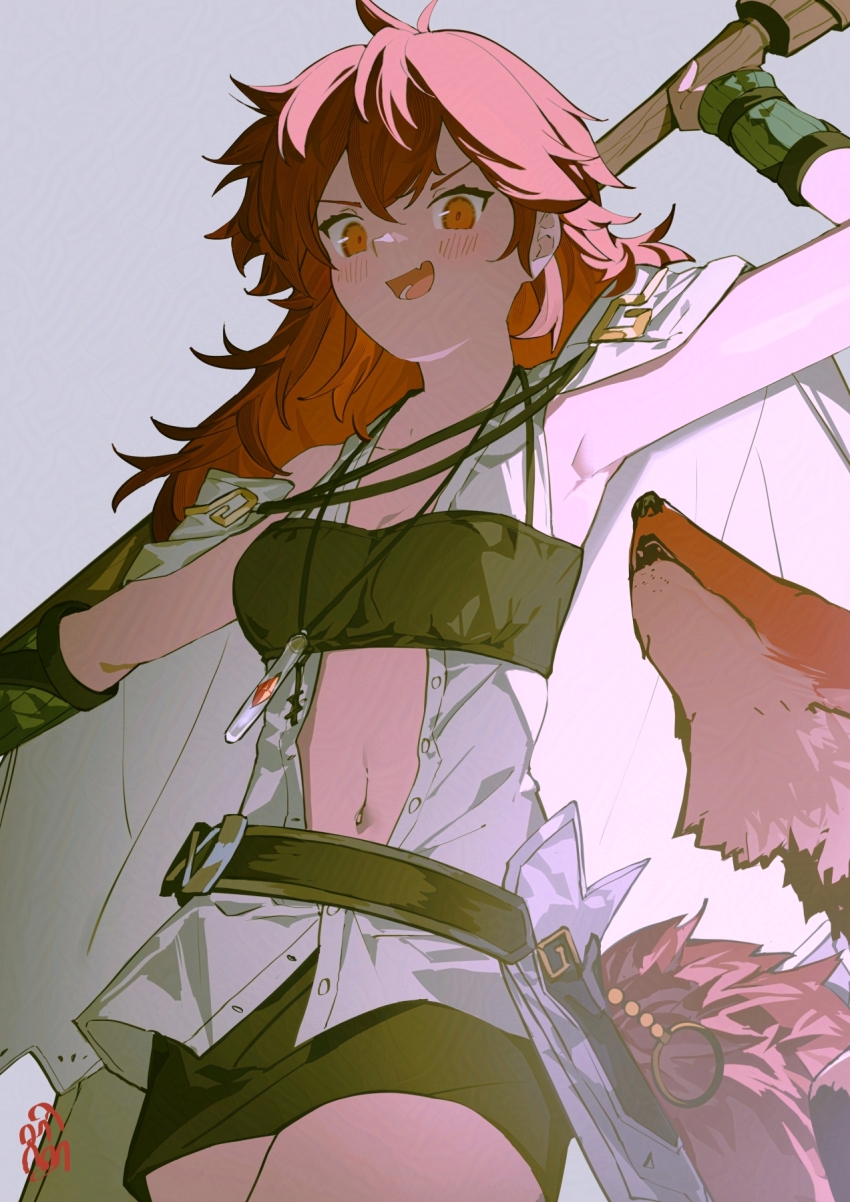 1girl arm_warmers arms_up bandeau belt breasts cape duel_monster highres hiita hiita_(yu-gi-oh!) hiita_the_fire_channeler holding holding_staff jewelry long_hair medium_breasts navel necklace open_clothes open_mouth open_shirt pom_pom_(clothes) red_eyes red_hair sen-jou shirt skirt sleeveless sleeveless_shirt solo staff stomach white_cape yu-gi-oh!