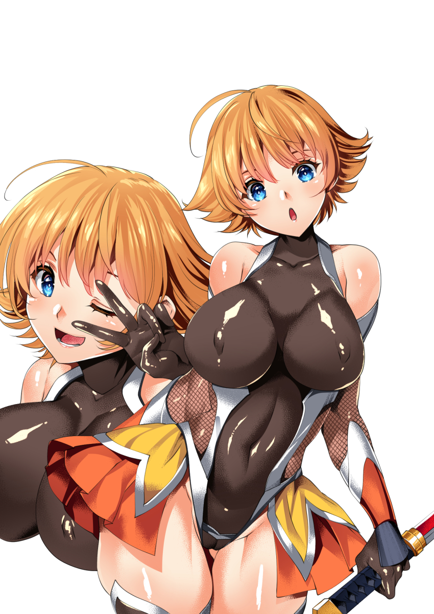 1girl :o ;d arm_behind_back bare_shoulders black_gloves black_leotard blue_eyes breasts commentary_request contrapposto covered_collarbone covered_erect_nipples covered_navel cowboy_shot fishnet_gloves fishnet_leotard fishnets flipped_hair gloves gluteal_fold groin hair_between_eyes head_tilt heattech_leotard highres holding holding_sword holding_weapon igawa_sakura impossible_clothes impossible_leotard large_breasts leotard looking_at_viewer lower_teeth_only multiple_views one_eye_closed open_mouth orange_hair orange_skirt short_hair showgirl_skirt sidelocks simple_background skin_tight skindentation skirt smile sword taimanin_(series) taimanin_suit tamiya_akito teeth thighhighs turtleneck v v_over_eye weapon white_background
