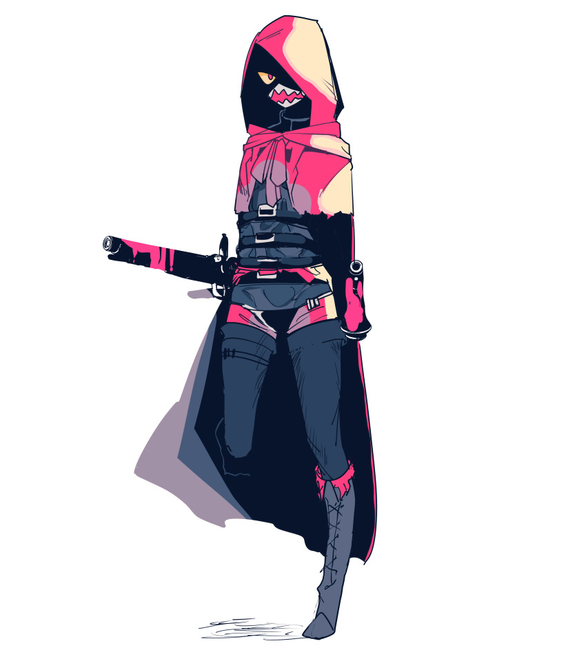 1girl absurdres belt black_boots blood boots cape capelet chest_harness colored_sclera full_body gloves harness highres holding holding_weapon hood hooded_cape little_red_riding_hooded_mercenary lobotomy_corporation madotsuki_ren mask mouth_mask project_moon red_cape red_capelet red_gloves red_shorts shorts simple_background solo standing standing_on_one_leg teeth_print weapon white_background yellow_sclera