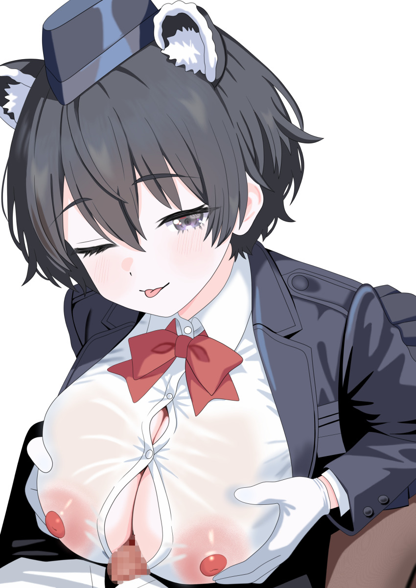 absurdres animal_ears black_hat black_jacket black_pants black_pantyhose blue_archive blue_eyes blush bow gloves hair_between_eyes hat highres jacket looking_at_viewer myapanpan no_bra official_alternate_costume one_eye_closed paizuri paizuri_under_clothes panda_ears panda_girl pants pantyhose pov red_bow sailor_hat see-through_clothes see-through_shirt shirt short_hair sidelocks tongue tongue_out tsubaki_(blue_archive) tsubaki_(guide)_(blue_archive) white_gloves white_shirt