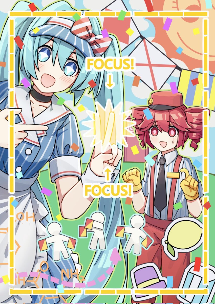2girls apron black_choker blue_dress blue_hat blush buttons chemical_structure choker collarbone confetti distress_hand_signal double-breasted dress drill_hair exit_sign frontiersun gloves hand_up hat hatsune_miku highres kasane_teto looking_at_viewer mesmerizer_(vocaloid) multiple_girls open_mouth pants pink_eyes pink_hair pinstripe_dress pinstripe_hat pinstripe_pattern puffy_short_sleeves puffy_sleeves red_hat red_pants semaphore_flags short_sleeves signal_flag smile sos sun_(the_amazing_digital_circus) suspenders sweat the_amazing_digital_circus tridecagram twin_drills utau v visor_cap vocaloid waist_apron white_apron wing_collar wrist_cuffs yellow_gloves