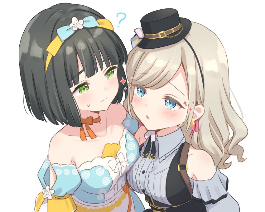 2girls ? bare_shoulders black_hair black_hairband black_hat blue_bow blue_dress blue_eyes blue_sleeves blunt_bangs blunt_ends blush bob_cut bow bow_hairband breasts celebration!_(love_live!) ceras_yanagida_lilienfeld closed_mouth clothing_cutout collared_shirt commentary_request detached_sleeves dress eye_contact flower flower_hairband frilled_shirt_collar frills green_eyes grey_hair grey_shirt grey_skirt hair_ribbon hairband hanazora_satsuki hat highres large_breasts link!_like!_love_live! long_hair looking_at_another love_live! momose_ginko multiple_girls official_alternate_costume open_mouth parted_lips pink_ribbon puffy_short_sleeves puffy_sleeves retrofuture_(love_live!) ribbon shirt short_hair short_sleeves shoulder_cutout skirt split_mouth strapless strapless_dress sweatdrop translation_request virtual_youtuber wavy_hair white_flower yellow_hairband