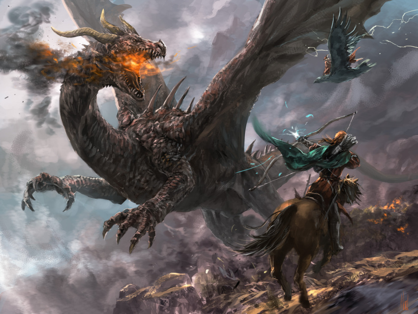 2others battle bird blonde_hair bow_(weapon) breath_weapon breathing_fire cape claws cloud cloudy_sky dragon drawing_bow energy_arrow fantasy fire giant giant_monster green_cape highres holding holding_bow_(weapon) holding_weapon horns horse horseback_archery horseback_riding mad_(artist) monster multiple_others open_mouth original outdoors painterly quiver realistic riding riding_bird scales sharp_teeth signature sky smoke tail teeth weapon western_dragon wings