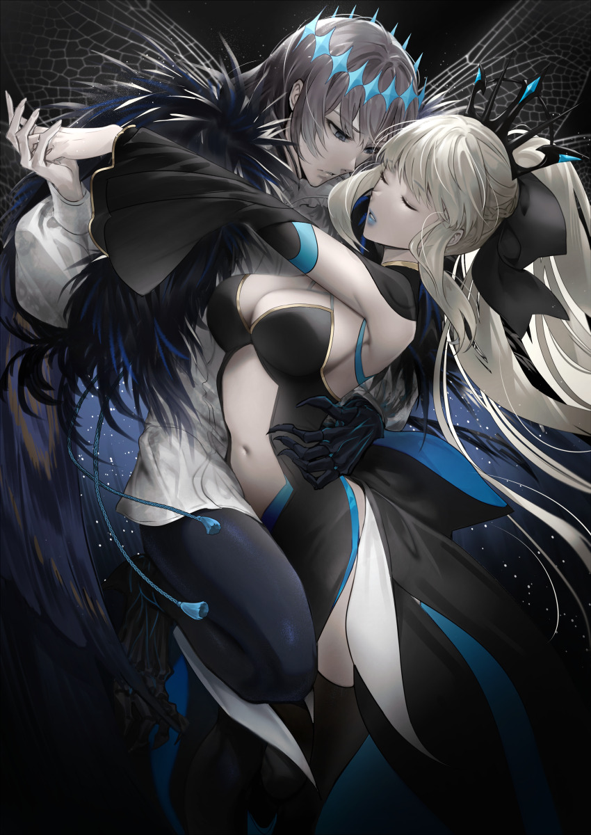 1boy 1girl absurdres black_bow black_dress black_hair black_tiara blue_eyes blue_lips bow braid closed_eyes dress fate/grand_order fate_(series) hair_between_eyes hair_bow half_up_braid highres insect_wings long_hair morgan_le_fay_(fate) morgan_le_fay_(third_ascension)_(fate) muneomon_(takomon) oberon_(fate) oberon_(third_ascension)_(fate) ponytail short_hair tiara wide_sleeves wings
