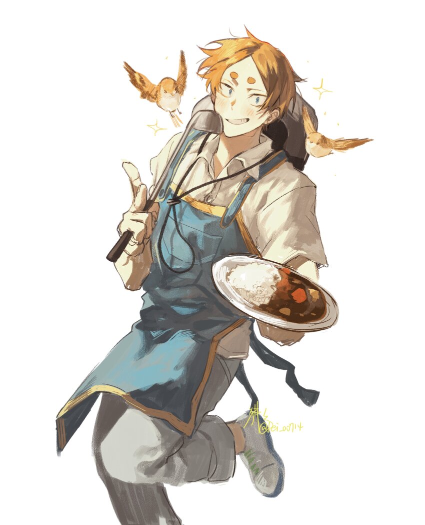1boy absurdres apron bird black_hat blue_apron collared_shirt commentary_request cowboy_hat curry curry_rice fei_00714 food grey_pants grin haikyuu!! hat highres holding holding_ladle holding_plate komori_motoya ladle looking_at_viewer male_focus pants parted_bangs parted_hair plate rice shirt shoes short_sleeves simple_background smile solo sparkle sparrow standing standing_on_one_leg teeth unworn_hat unworn_headwear white_background white_shirt white_shoes wing_collar