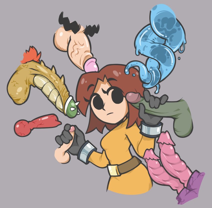 1girl 6+boys animal_penis bad_id bad_source bad_twitter_id belt belt_buckle black_eyes bowser breasts brown_belt brown_hair buckle cropped_legs dark_samus disembodied_penis double_handjob dress emotionless_sex erection expressionless extra_penises eyes_visible_through_hair frown ganondorf gloved_handjob gloves grey_background grey_gloves gummuru handjob hetero highres interspecies large_penis large_testicles long_sleeves looking_at_another looking_at_penis male_pubic_hair mario_(series) medium_breasts medium_penis metroid mii_(nintendo) mii_gunner mii_gunner_(smash_4) multiple_boys nintendo orange_dress parted_bangs penis pubic_hair ridley scales sex_toy simple_background star_fox super_smash_bros. surrounded_by_penises testicles the_legend_of_zelda uncensored veins wario wolf_o&#039;donnell