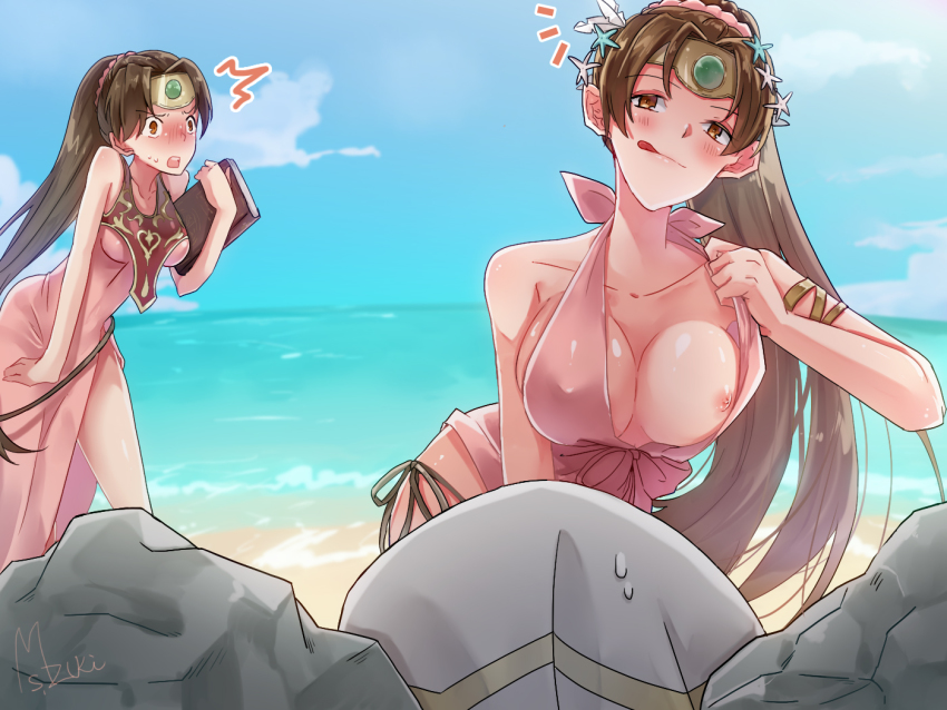 bare_shoulders beach bikini blush book breasts brown_hair fire_emblem fire_emblem:_new_mystery_of_the_emblem fire_emblem:_shadow_dragon_and_the_blade_of_light fire_emblem_heroes flashing genderswap genderswap_(mtf) holding holding_book kiran_(fire_emblem) male_kiran_(fire_emblem) large_breasts licking_lips linde_(fire_emblem) long_hair looking_at_viewer nintendo nipples official_alternate_costume omizu_(mimisyumikan) open_mouth outdoors pink_bikini ponytail rock swimsuit tongue tongue_out xane_(fire_emblem)