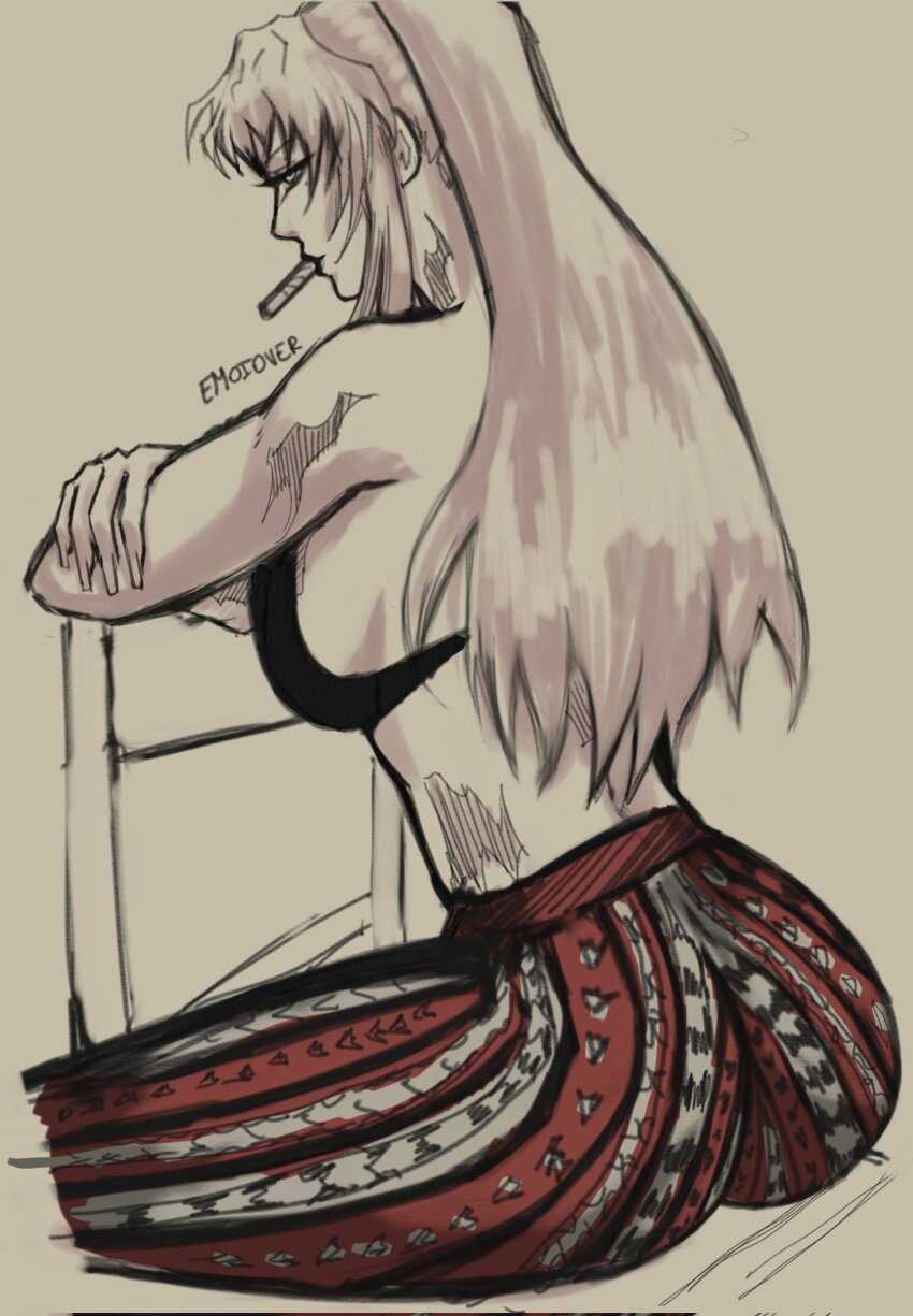 1girl artist_name balalaika_(black_lagoon) black_bra black_lagoon bra breasts burn_scar cigar emoiover forbidden_pants highres long_hair meme_attire multicolored_pants pants ponytail red_pants scar simple_background sitting sketch solo underwear