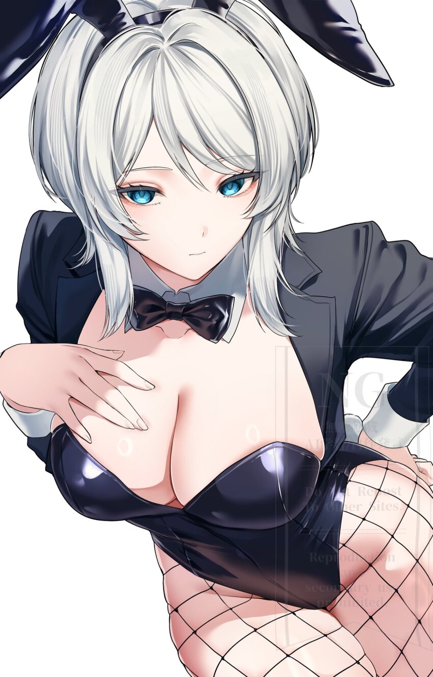 1girl animal_ears black_bow black_bowtie black_leotard blue_eyes bow bowtie breasts cleavage closed_mouth cowboy_shot detached_collar faust_(project_moon) fishnet_pantyhose fishnets highres large_breasts leotard limbus_company looking_at_viewer pantyhose project_moon rabbit_ears short_hair sidelocks smile sohdvh_khos_ph solo white_hair