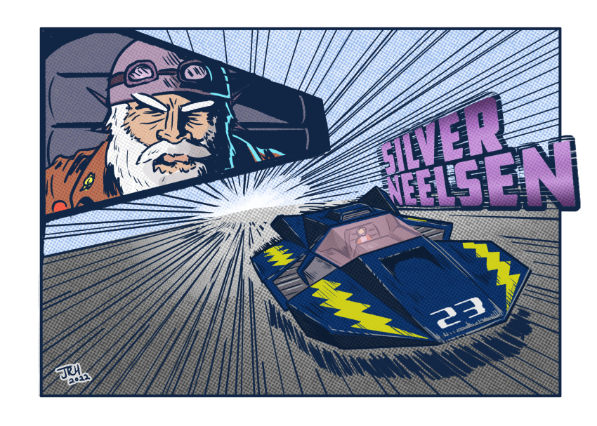 1boy action aircraft artist_name beard border brown_jacket character_name close-up closed_mouth f-zero f-zero_gx f-zero_x facial_hair flying_car goggles goggles_on_headwear grey_headwear helmet highres hover_vehicle jacket jrcomicart lightning_bolt_symbol long_beard looking_at_viewer motion_lines mustache night_thunder nintendo old old_man race_vehicle science_fiction silver_neelsen solo speed_lines thick_eyebrows vehicle_focus white_border