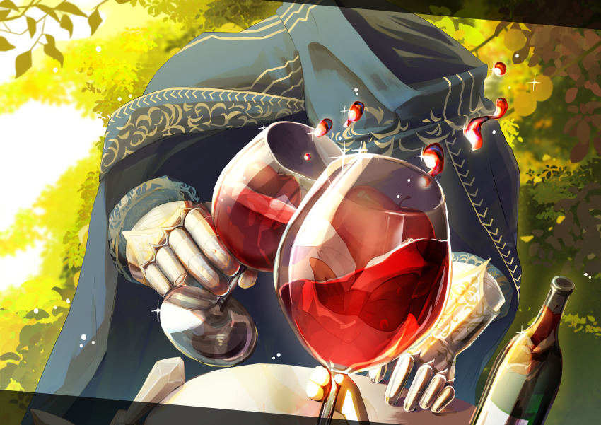 2boys a_knight_(reverse:1999) absurdres alcohol apple apple_(reverse:1999) black_bow black_bowtie blue_cape bottle bow bowtie cape commentary_request cup diffraction_spikes disembodied_hand floating_clothes food fruit highres holding holding_cup hoshimori539jp looking_at_another male_focus multiple_boys out_of_frame popped_collar pov reflection reverse:1999 table toasting_(gesture) wine wine_bottle wise_glasses