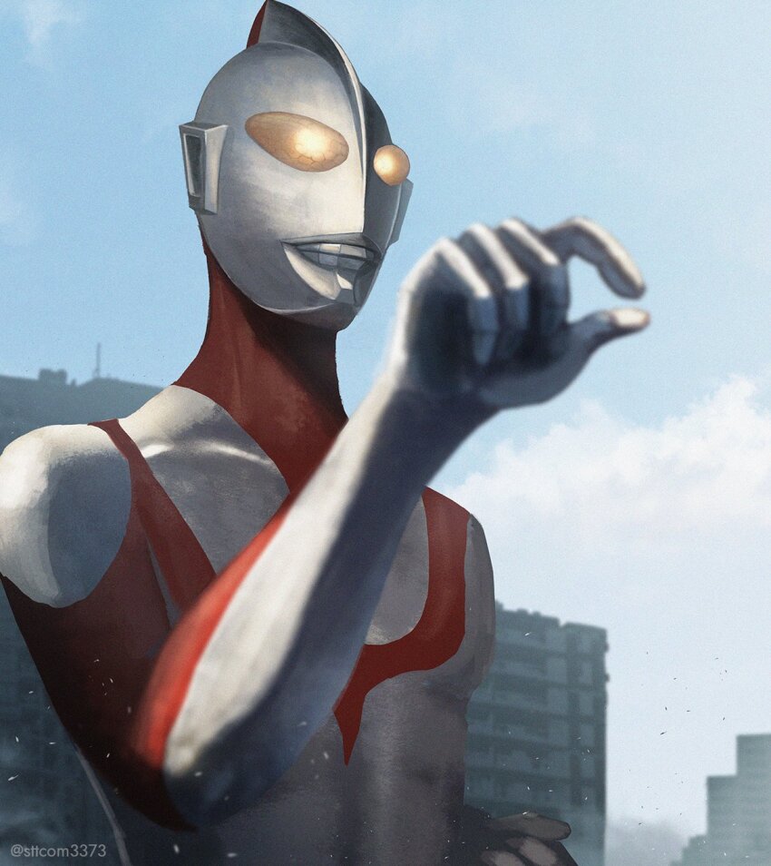 alien apartment balcony blue_sky building city cloud compound_eyes day giant highres lipiah_(ultra_series) no_humans no_pupils seijin shin_ultraman sky superhero_costume suttoko tsuburaya_productions ultra_series ultraman yellow_eyes